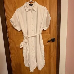 J. Crew Linen White Shirt Dress Buttons Short Sleeve Relaxed Fit with Belt Sz M